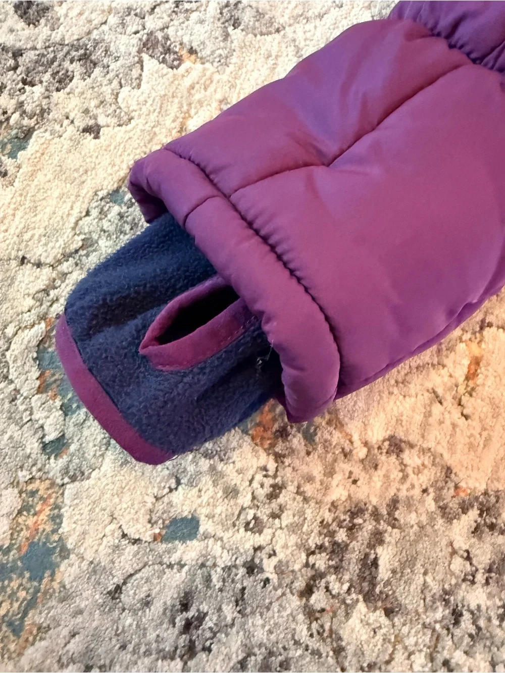 Kids Purple Puffer Jacket with Hood and Navy Fleece Lining